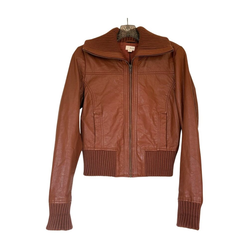 Frenchi Brown Leather Bomber Jacket Ribbed Collar Moto Size M Shrunken
